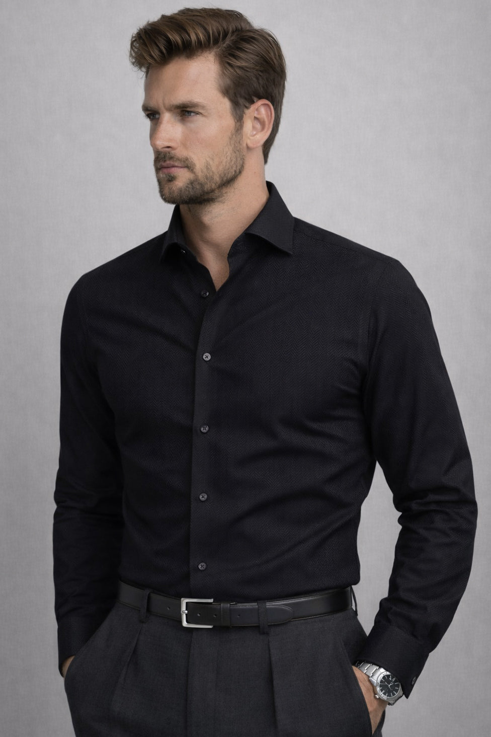 Herringbone-Hemd Schwarz - Baumwolle