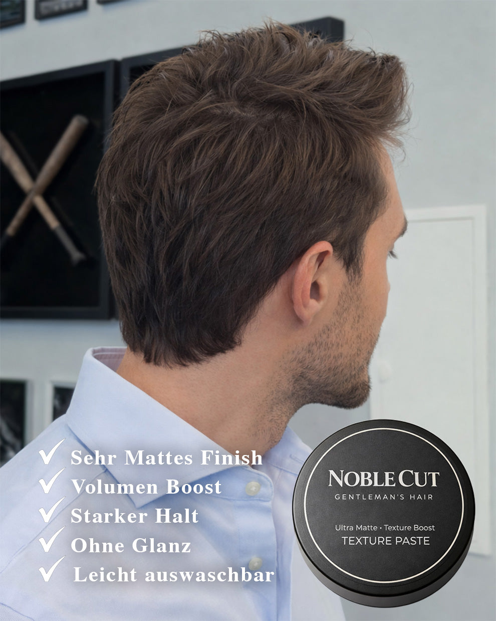 Anwendung der Noble Cut Matte Paste für Volumen und Halt
