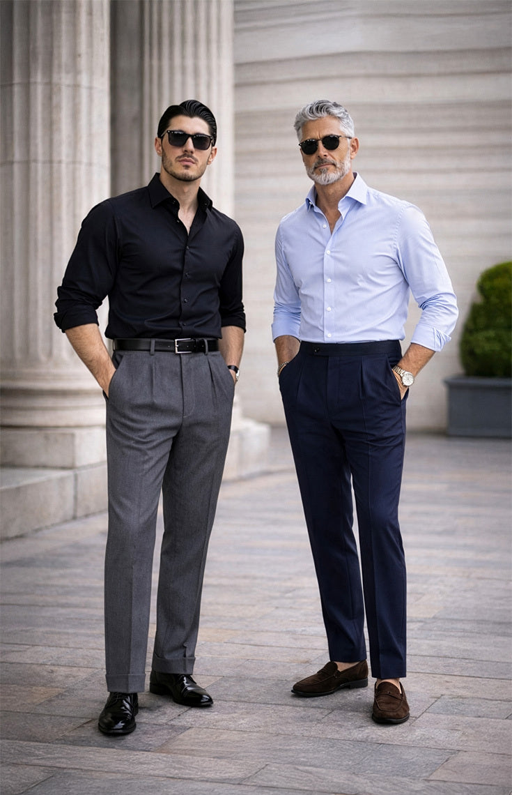 Zwei Männer tragen zeitlose Business-Outfits mit Side-Adjuster-Hosen und Hemden von NobleCut.