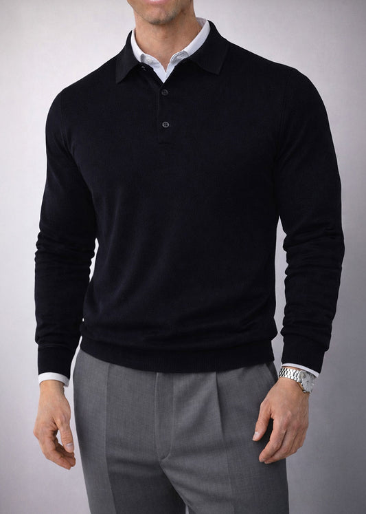 Schwarzer Polo-Pullover aus Merinowolle für Herren
