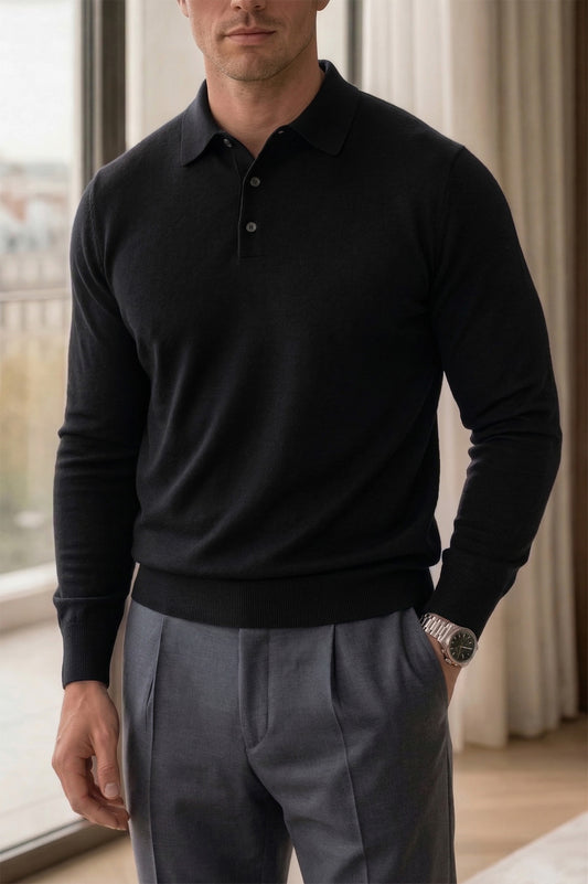 Polo-Pullover Schwarz - Merinowolle