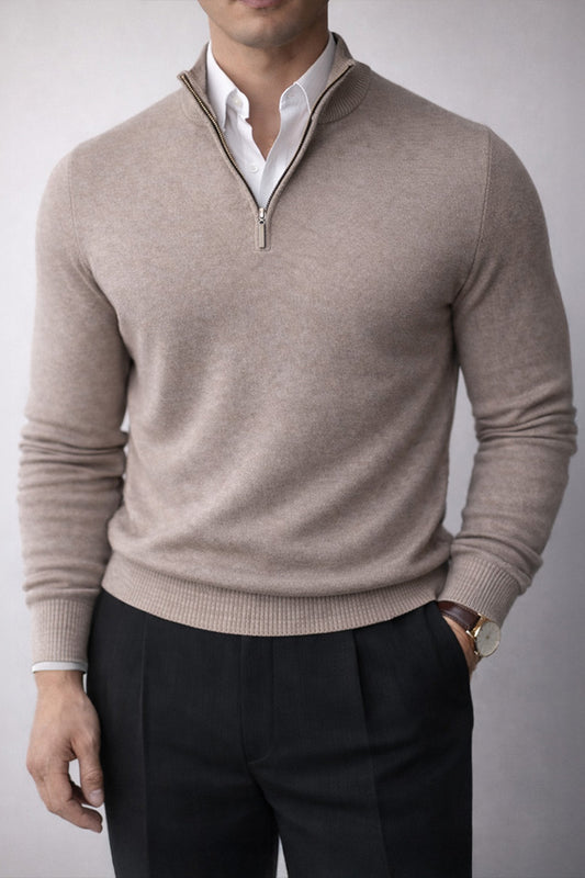 Beiger Zip-Pullover aus Merinowolle für Herren